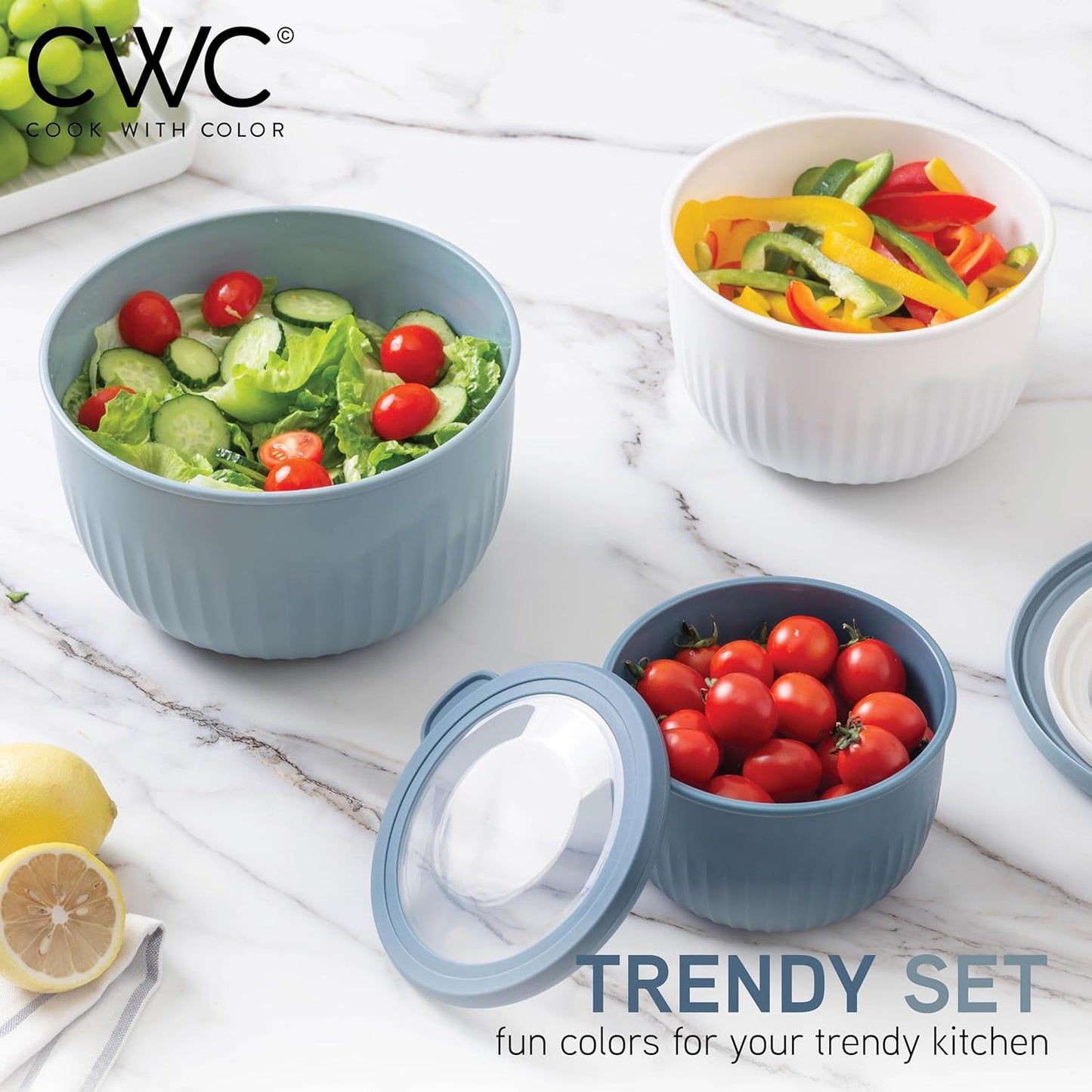 COOK WITH COLOR Prep Bowls with Lids- Wide and Deep Nesting Plastic Small Mixing Bowl Set with Lids, 8 Piece Set - Deep Bowls, Blue/Grey