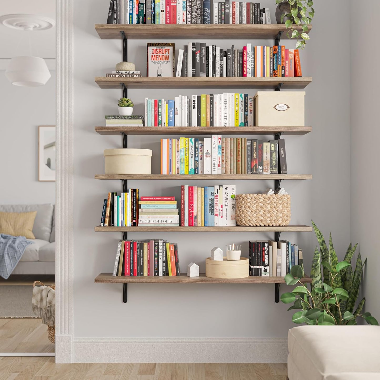 Wallniture Forme 48 inch Long x 10 in Deep Rustic Floating Shelves for Wall Storage, Wall Bookshelf for Living Room Decor, Kitchen, Office Floating Shelf, Set of 3, Burnt, Wood