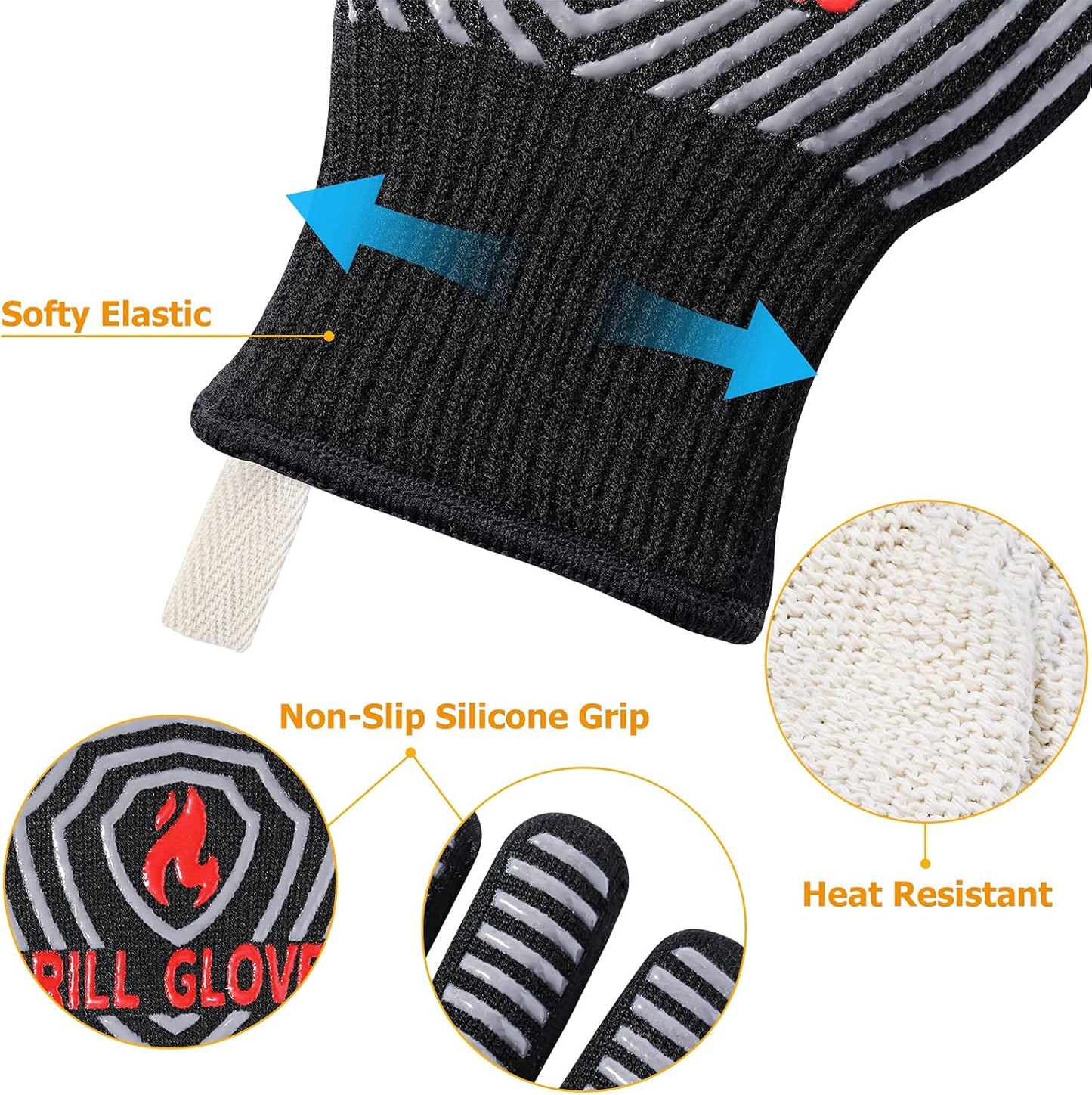 QUWIN BBQ Gloves, Oven Gloves, Grilling Gloves Silicone Non-Slip Oven Mitts, Kitchen Gloves for BBQ, Grilling, Cooking, Baking-1 Pair… (Black, One Size Fits Most)