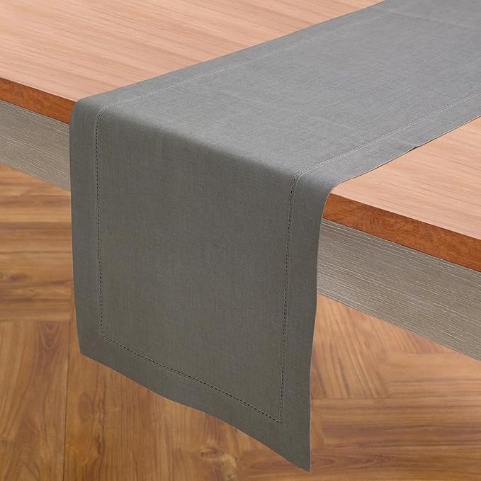 Solino Home Linen Steel Gray Table Runner 108 Inches Long - 100% Pure Linen Hemstitch 14 x 108 Inch Table Runner for Dining - Classic Hemstitch