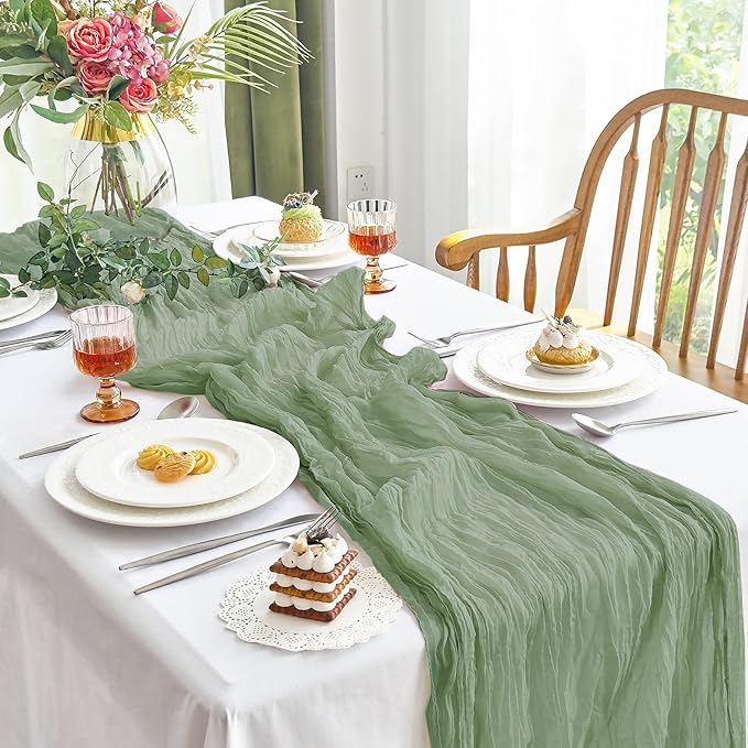 IVAPUPU 4 Pcs Cheesecloth Table Runner - 10ft Sage Green Boho Gauze Cheese Cloth Table Runners for Baby Shower Decoration Wedding Party Summer Garden Farmhouse