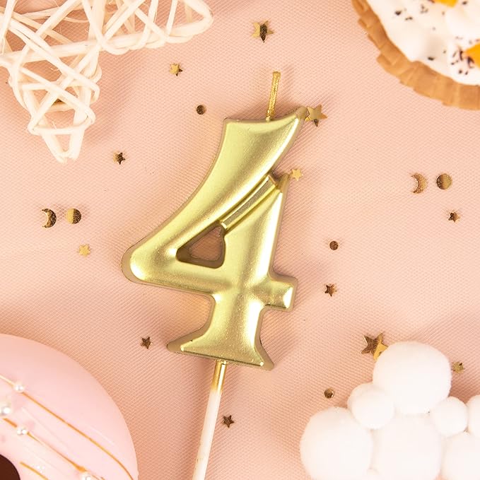 PHD CAKE 2.76 Inch Elegant Gold 4 Number Birthday Candles, Gold Number Candles, Cake Number Candles, Party Celebration