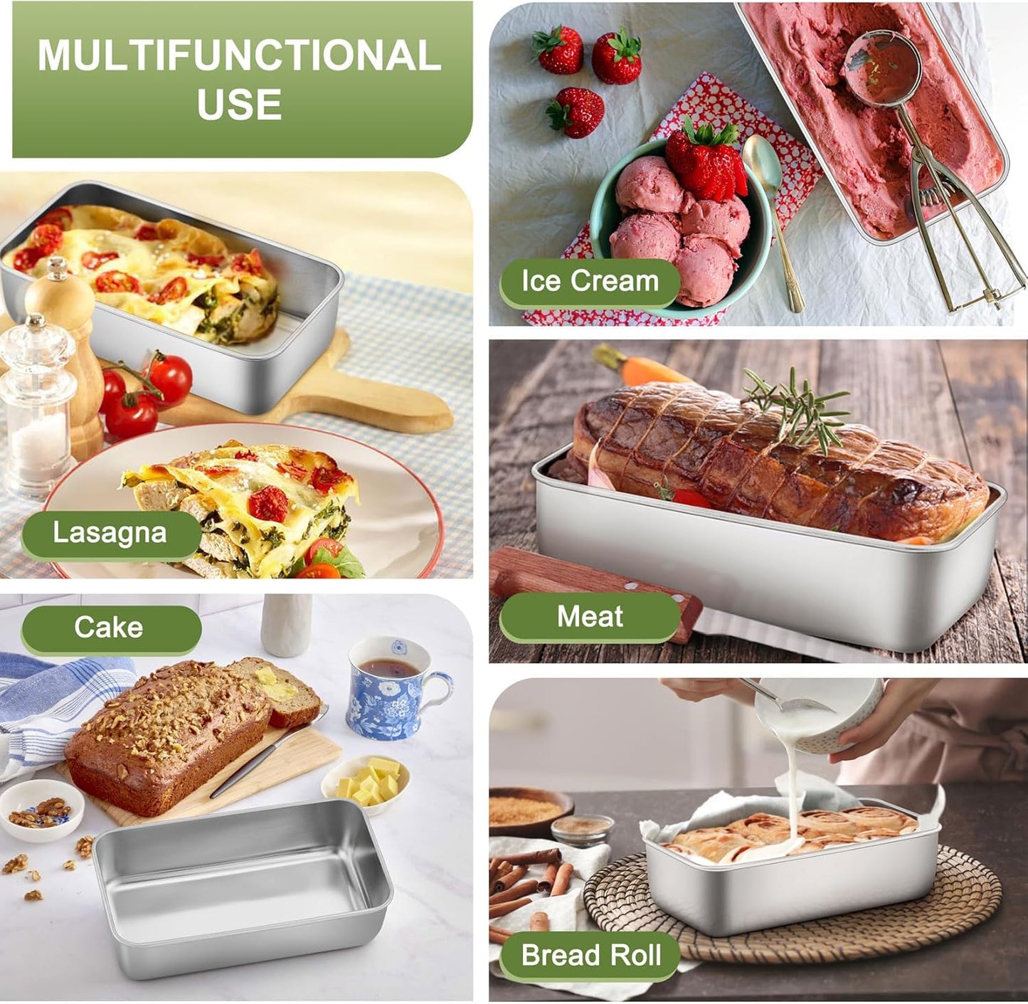 P&P CHEF Loaf Pan Set, 9-inch Bread Pans, Stainless Steel Loaf Toast Baking Pans For Bread Meatloaf Lasagna Cake, Healthy & Non Toxic, Oven & Dishwasher Safe,(Silver, 10Pcs)