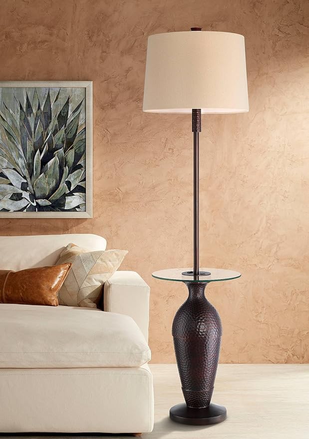 Regency Hill Fallon Industrial Floor Lamp with Tray Table USB and AC Power Outlet in Base 66" Tall Oil Rubbed Bronze Hammered Oatmeal Drum Shade for Living Room Reading House Bedroom Home