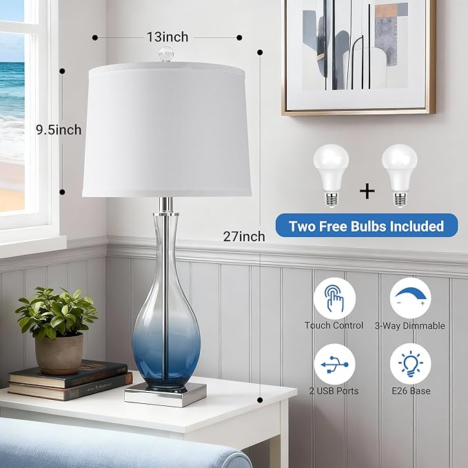WIHTU 27" Navy Blue Bedside Desk Lamps for Nightstand Decorations, Table Lamps Set of 2 with Touch Control, 3-Way Dimmable Modern Glass Table lamp with USB C and A Charging Ports (LED Bulbs Included)
