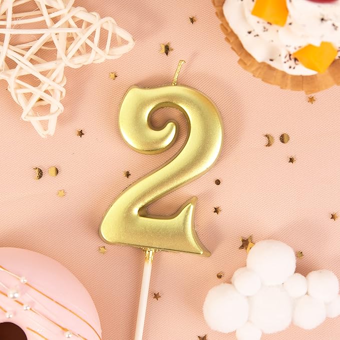 PHD CAKE 2.76 Inch Elegant Gold 2 Number Birthday Candles, Gold Number Candles, Cake Number Candle, Party Celebration
