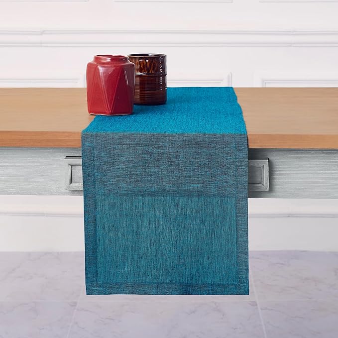 Solino Home Linen Table Runner 90 Inches Long - Athena, 100% Pure Linen Chambray Teal Table Runner 14 x 90 Inch for Dining