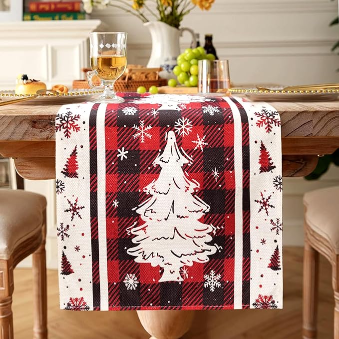 Buffalo Plaid Christmas Tree Table Runner, Red, 13x72 Inch