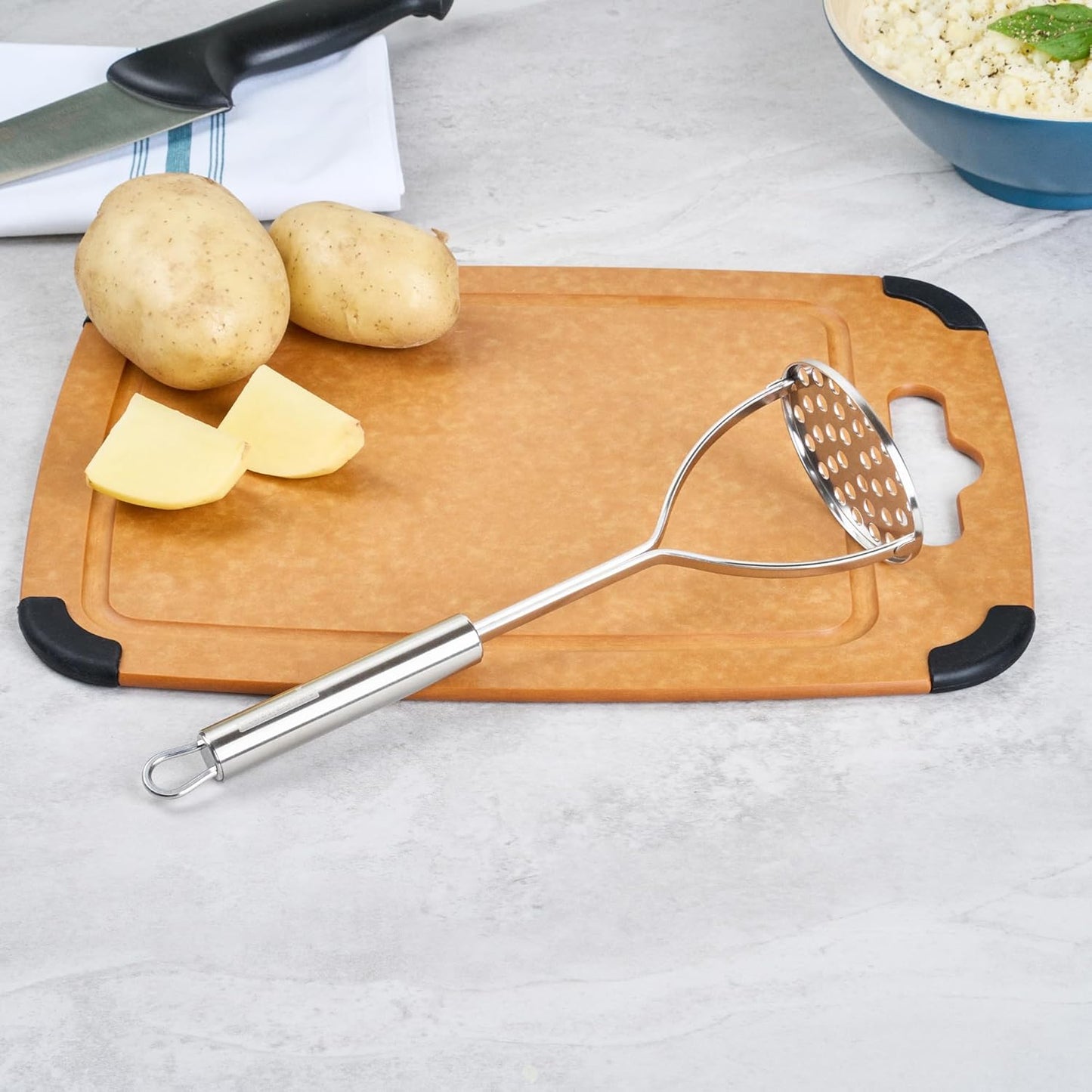 Restaurantware-German Standard Round-Faced Mashers With Ergonomic Handle, 6 Heavy-Duty Potato Mashers - Dishwashable, Durable, Stainless Steel Food Masher, For Avocado, Beans, Sweet Potatoes