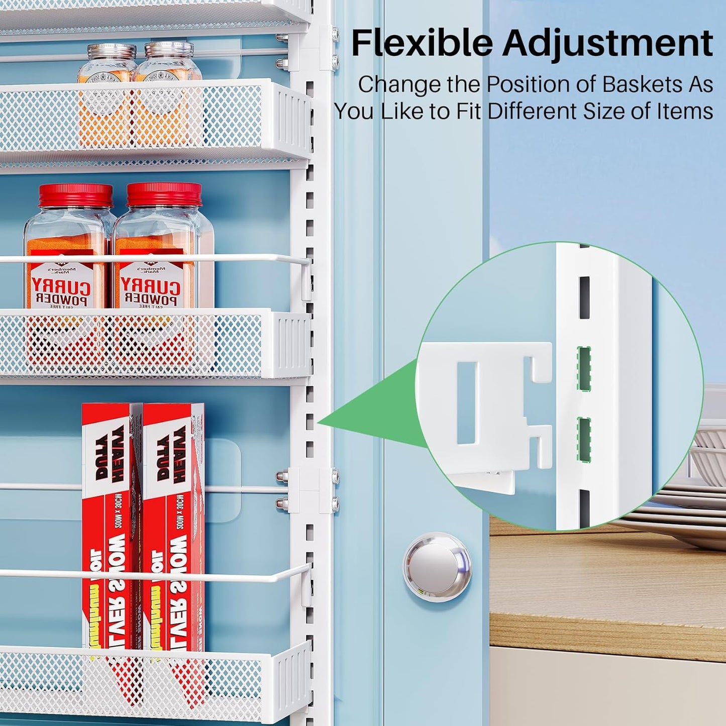Over the Door Pantry Organizer - 8 Tier Adjustable Hanging Door Spice Rack, Large Capacity for Kitchen Pantry Storage (White)