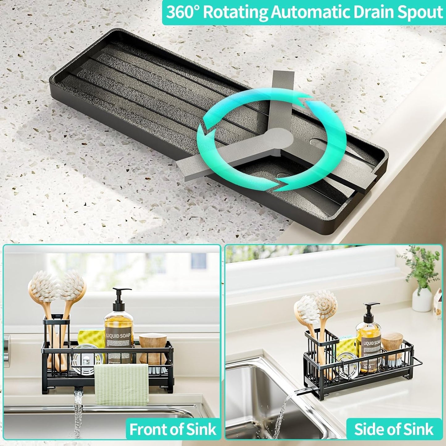 HapiRm Sponge Holder for Kitchen Sink - Self-draining Sink Caddy With Brush and Dishcloth Holders, Stainless Steel Kitchen Organizer for Countertop - Black