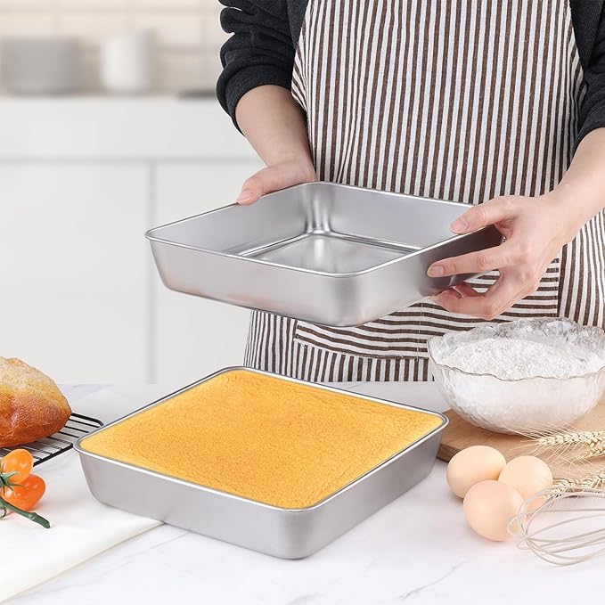 LIANYU 9 x 9 Inch Square Baking Cake Pan Set of 3, Stainless Steel Brownie Bread Cake Molds, Square Bakeware for Lasagna Pie, Oven & Dishwasher Safe