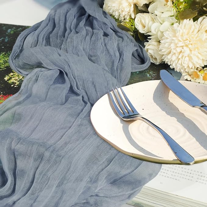 12 Pack Dusty Blue Cheesecloth Table Runner 10ft Boho Gauze Cheese Cloth Table Runner Rustic Sheer Runner 120 inch Long for Christmas Wedding Table Decorations