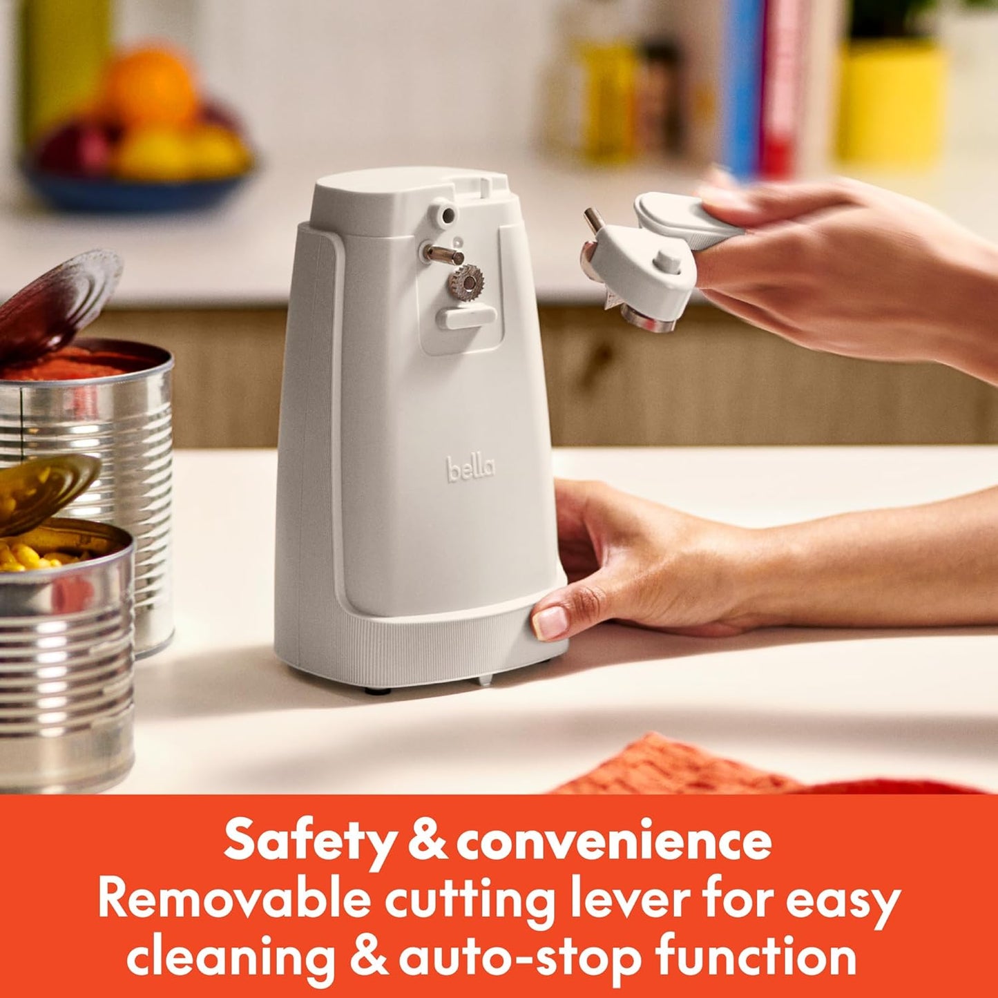 bella Electric Can Opener and Knife Sharpener, Multifunctional Jar and Bottle Opener with Removable Cutting Lever and Cord Storage, Stainless Steel Blade, Oatmilk