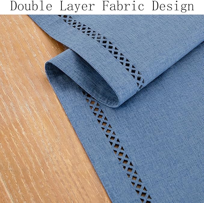 Burlap Style Farmhouse Table Runner, 13 x 90 Inch Blue, Rustic Geometric Hollow Table Runners 90 Inches Long for Dresser Table Everyday Use, 13x90 Inches, Blue