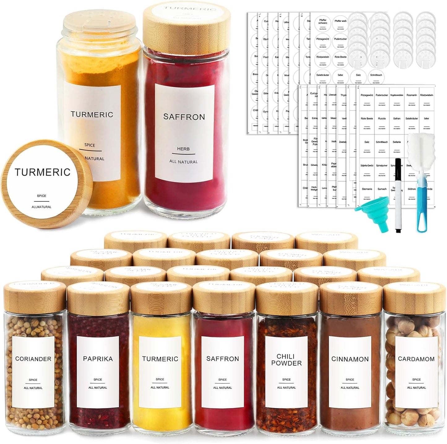 AISIPRIN Glass Spice Jars with 398 Labels-4oz 24 Pcs,Round Seasoning Jars with Bamboo Airtight Lids,Spice Container Set -Shaker Lids, Funnel,Brush and Marker Included