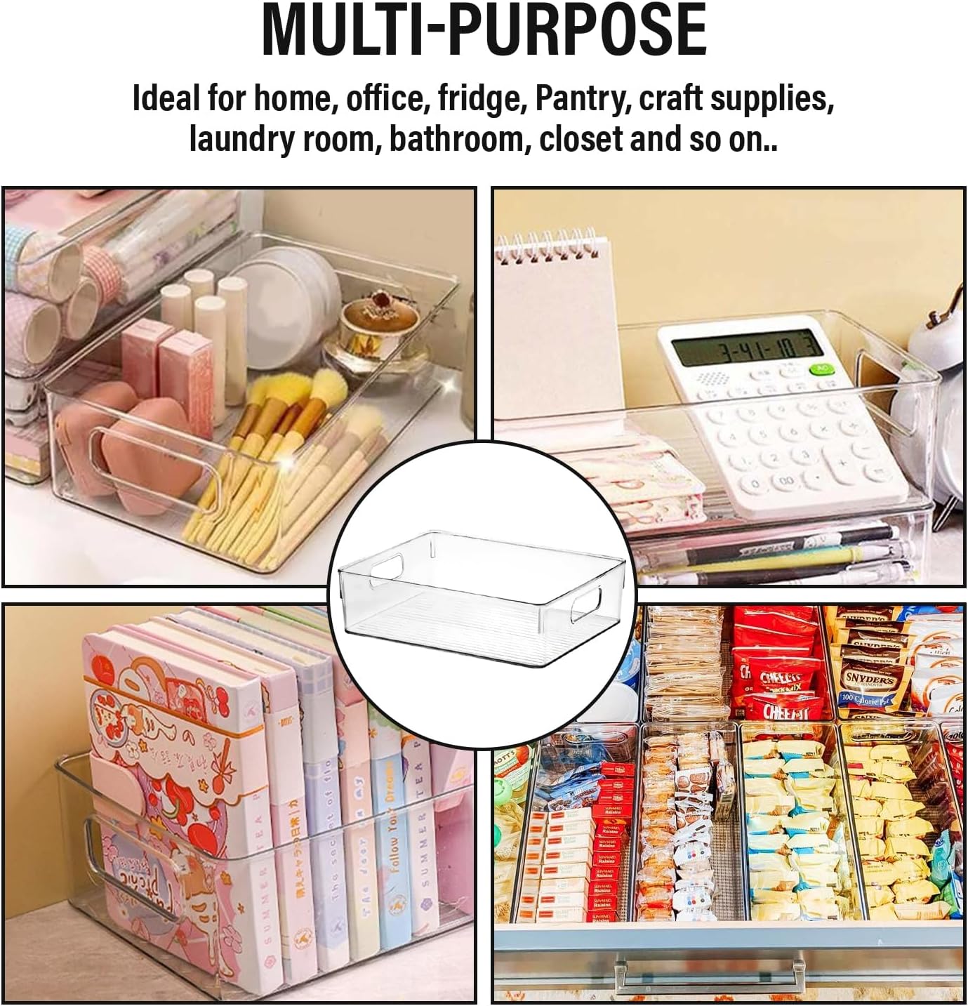 Clear Plastic Storage Bins, Pantry Organizers and Storage or Kitchen Organization and Storage Containers Bins for Organizing, Fridge, Freezer, Bathroom, Pantries, Refrigerator, Cabinet Organizer Bin