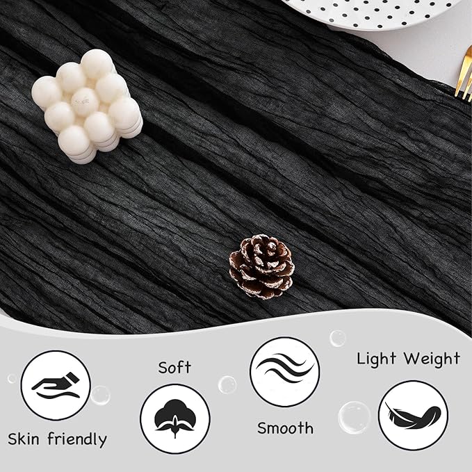 10 Pack 120 Inch Cheesecloth Black Table Runner 10FT Boho Gauze Table Runners Long Cheese Cloth Table Runner Semi Sheer Runners for Wedding Bridal Baby Shower Party