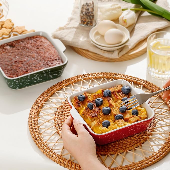 NUTRIUPS 13oz 5.9x5.9in Square Ceramic Baking Dish Set, 2-Pack Small Oven-Safe Baking Pan for Lasagna, Casserole - Bakeware for Baking & Serving (Red&Green)