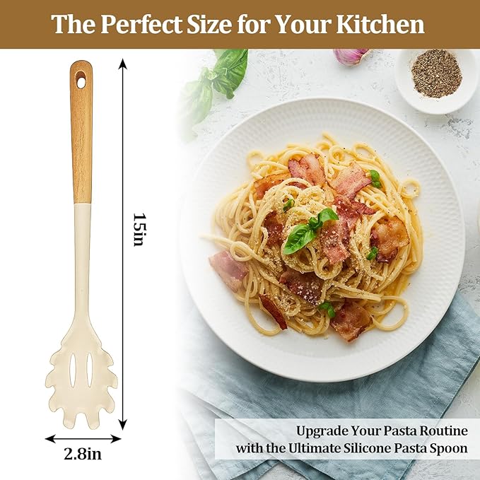 Silicone Pasta Spoon with Teeth Silicone Pasta Fork Wooden Handle Pasta Server & Spaghetti Scoop for Home Chefs, Pasta Enthusiasts