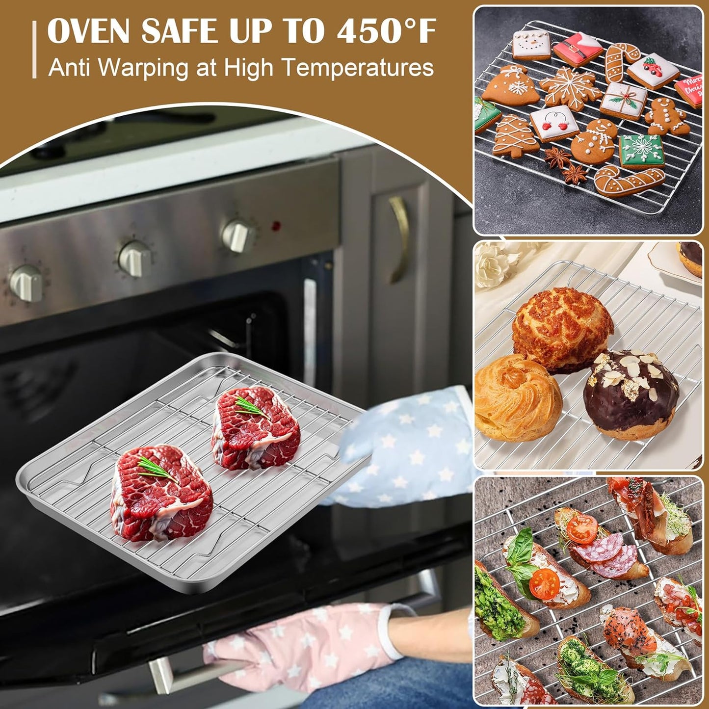 E-far Baking Sheet with Wire Rack (2 Pans + 2 Racks), Stainless Steel Cookie Sheets Pan & Cooling Rack for Baking Cookies Cake, Non Toxic & Heavy Duty, Oven & Dishwasher Safe, 12.4 x 9.7 x 1 Inch