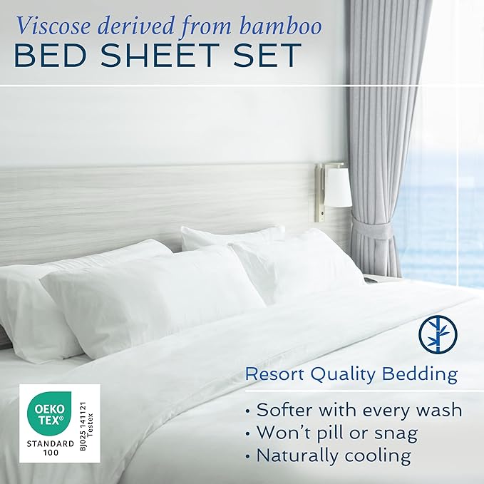 Hotel Sheets Direct 4 Piece Bed Sheet Set Queen Size, 100% Viscose Derived from Bamboo Sheets Set with 2 Pillowcases, Cooling & Breathable Luxury Bedding, Moisture-Wicking & Silky Soft, Light Blue