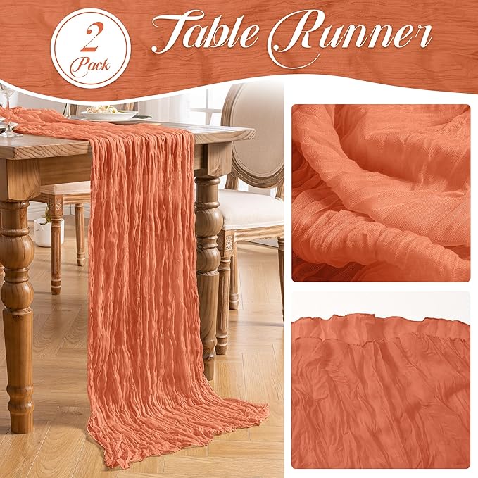 Leetaltree 2 Pack Orange Boho Rustic Cheesecloth Table Runner, 35x120 Inch, Decorative Table Runners for Bridal, Baby Shower, Wedding Table Decorations