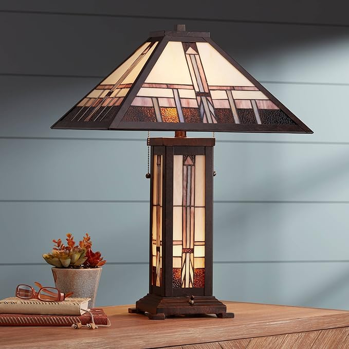 Robert Louis Tiffany Alfred Mission Tiffany Style Table Lamp with Nightlight 26" High Bronze Metal Antique Stained Glass Shade Decor for Living Room Bedroom House Bedside Home (Color May Vary)