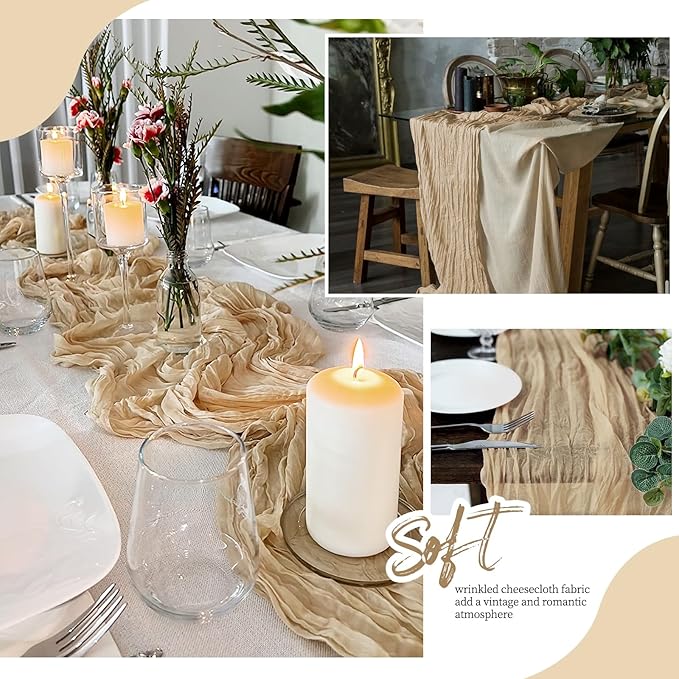 6 Pack Beige Cheesecloth Table Runner 17x108 Inch Semi Sheer Boho Gauze Cheese Cloth Fabric Table Runners, for Wedding Party Baby Shower Birthday Home Decor Garden Farmhouse