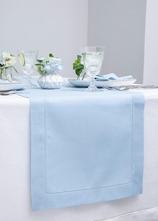 Solino Home Linen Sky Blue Table Runner 48 Inches - Classic Hemstitch, 100% Pure Linen Coffee Table Runner 14 x 48 Inch Ideal for Dresser Tables - Holiday, Christmas, New Year