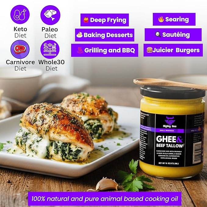 Higley Boo Premium Ghee & Beef Tallow for Cooking – 100% Animal-Based Cooking Oil | Keto, Carnivore & Paleo Friendly | Seed Oil Free | Zero Carbs, Zero Sugar | Gluten-Free, Lactose-Free | 16oz Jar