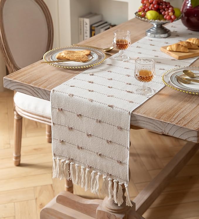 Caflife Boho Table Runner 108 Inchs Long for Modern Farmhouse Room Home Decor, Taupe and Beige Coffee Table Runner, Natural Cotton Woven with Tassels Neutral, for Kitchen Dining Table Decor