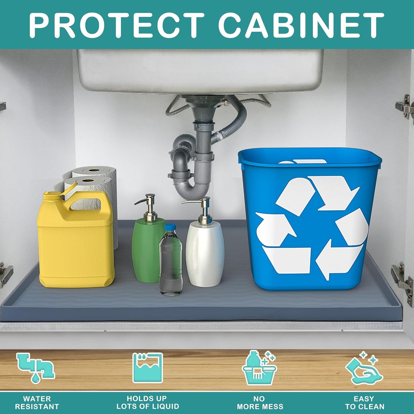 URMONA Waterproof Silicone Under Sink Mat 25'' x 19'' Shelf Liner for Kitchen and Bathroom, Cabinet and Counter Protector, Storage and Organizers, Litter Mat, Pet Cat Puppy Essentials(Light Grey)