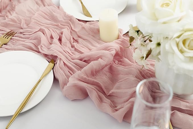 combocube 12 Pack 35x120 Inch 10Ft Cheesecloth Table Runner Long Gauze Rustic Romantic Table Cloth for Wedding Reception Bridal Shower Birthday Party Table Decorations, Dusty Pink