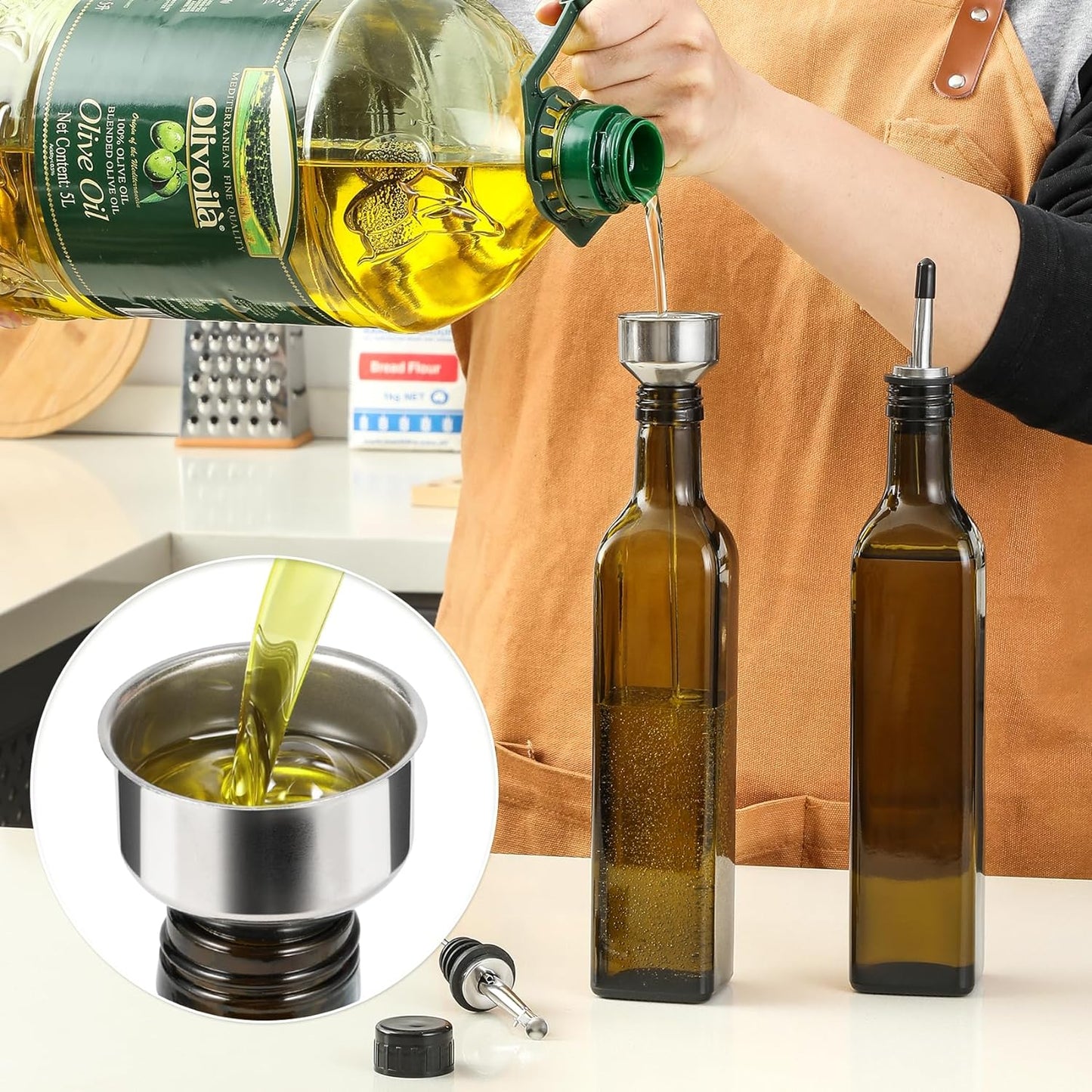 AOZITA 17oz Glass Olive Oil Dispenser - Oil and Vinegar Cruet Bottle with Stainless Steel Pourers - Funnel For Easy Refill - Olive Oil Carafe Decanter for Kitchen