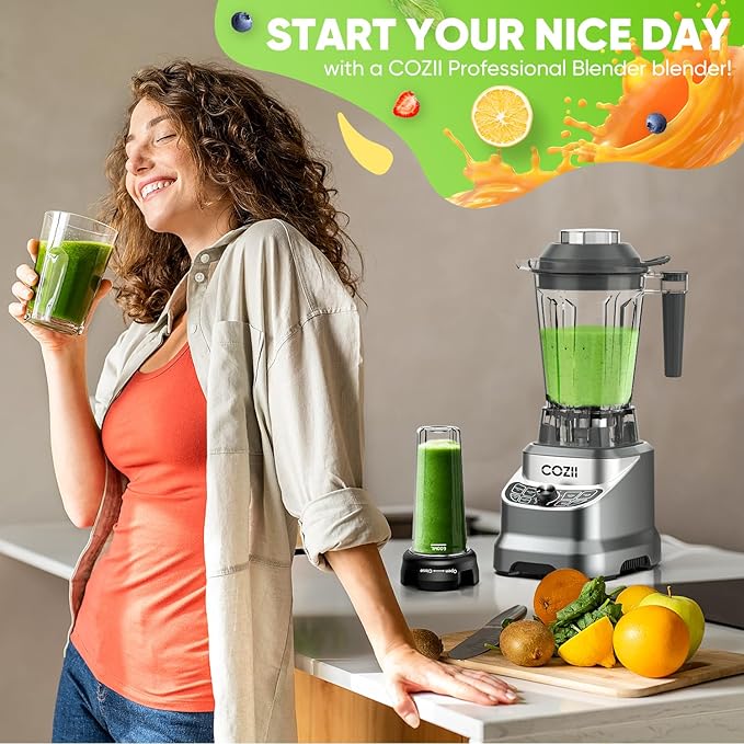 Blender 2000Watt, Countertop Blenders for Kitchen,64 Oz Pitcher/21-Oz To-go Cup, 7 Preset Programs for Ice Crush/Frozen Drinks/Nut Butter, High Speed, Dark Silver