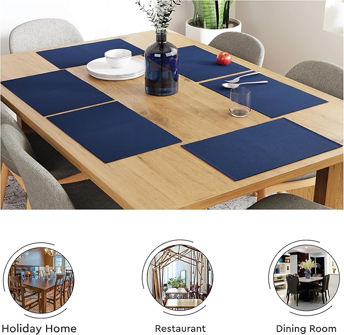 Encasa XO Dining Placemat Set of 6 | Solid Solid Navy Blue Color | Fine Ribbed Cotton Table mat | Size 19x13 in |for Dining Table Fall Decoration, Holiday & Christmas Festivals - Machine Washable