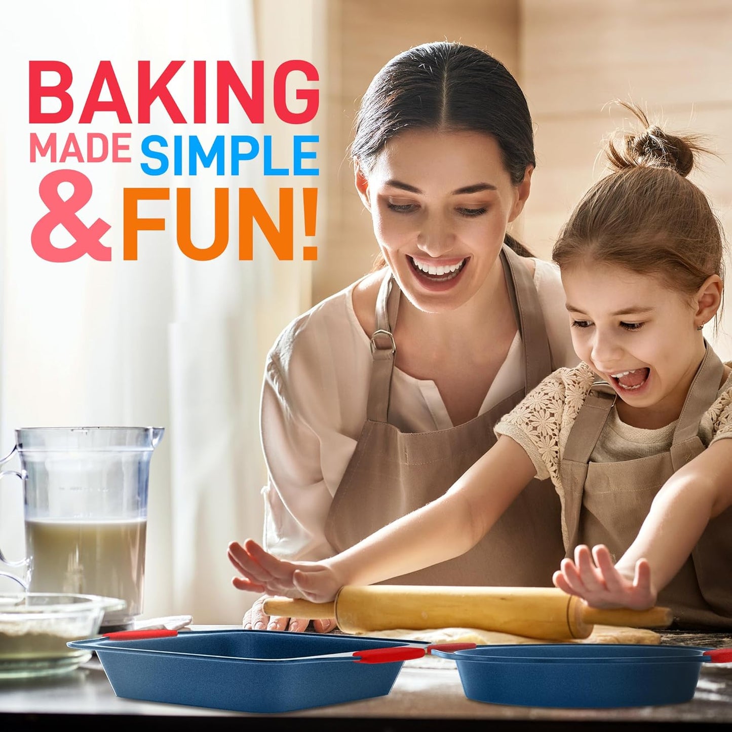 NutriChef 10-Piece Nonstick Bakeware Set - Deluxe Carbon Steel with Blue Silicone Coating, Red Handles, Professional Grade Kitchen Essentials, Ideal for Baking Cakes, Cookies, and More (Blue)