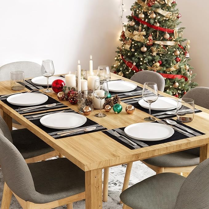 Encasa XO Dining Placemat Set of 6 | Solid Ladder Black Color | Fine Ribbed Cotton Table mat | Size 18x13 in |for Dining Table Fall Decoration, Holiday & Christmas Festivals - Machine Washable