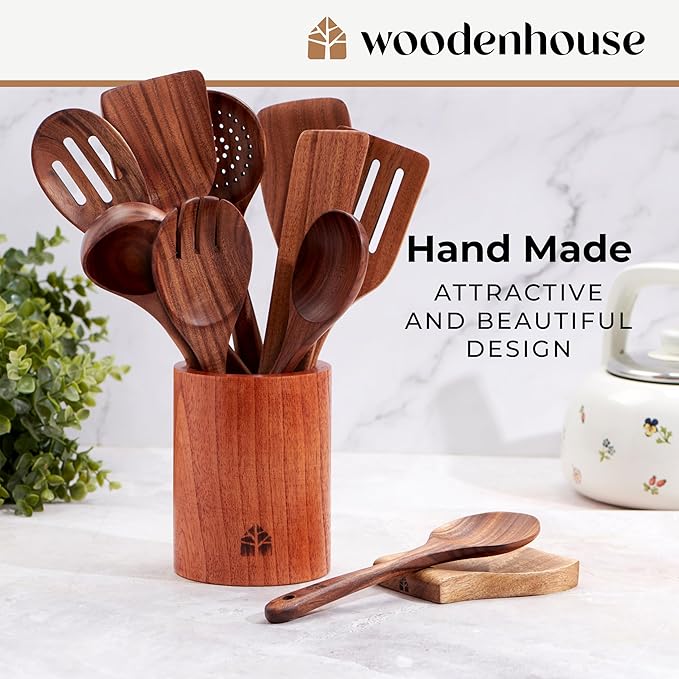 Wooden Spoons for Cooking – Wooden Cooking Utensils Set with Holder, Spoon Rest & Hooks, Teak Wood Nonstick Kitchen Cookware – Durable Set of 12pcs by Woodenhouse - Unique Kitchen Gifts for Women Men