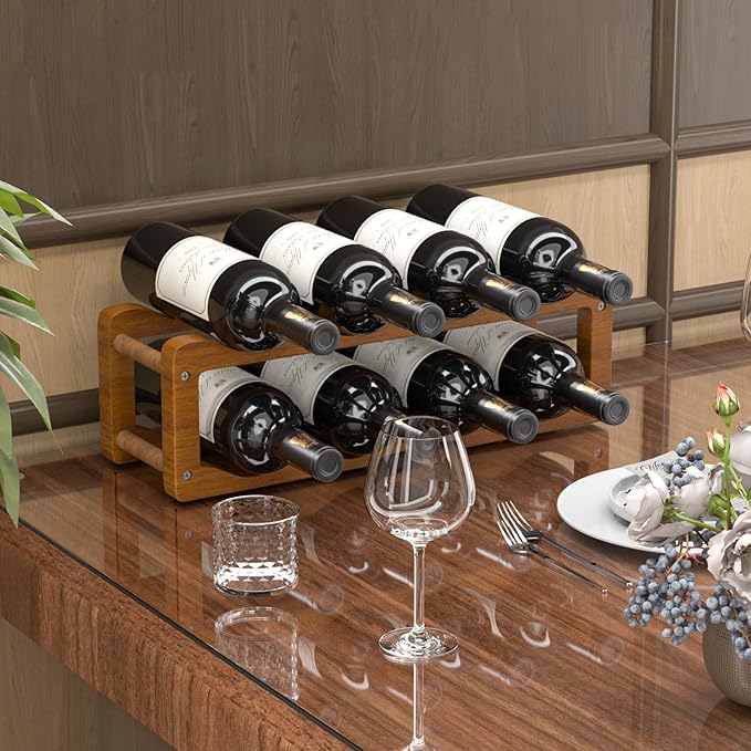 Wine Rack, 2 Tier 8 Bottle Wooden Wine Storage Cabinet Shelf, Adjustable in 2 Sizes Countertop Wine Holder, Easy-Assembly Freestanding Wine Organizer for Kitchen Pantry Dining Room Bar
