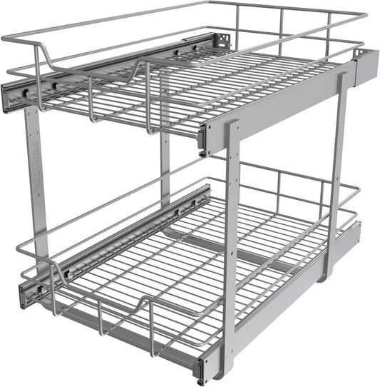 2 Tier Pull Out Cabinet Organizer 15" W X 22" D, Slide Out Drawers For Kitchen Cabinets, Pull Out Drawers For Cabinets Capacity Heavy Duty Caddy, Cabinet Pullout Shelves Chrome-Plated,Bathroom Pantry