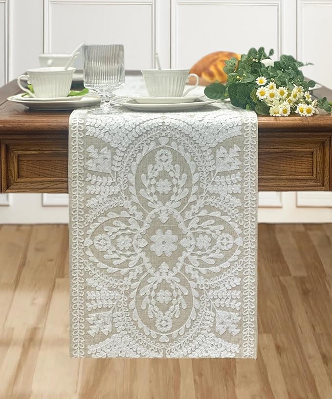 KEVA Boho Table Runner 110inches Long, Farmhouse Rustic Vintage White Embroidered Table Runners 13x110 Inch for Dining Table Decorations