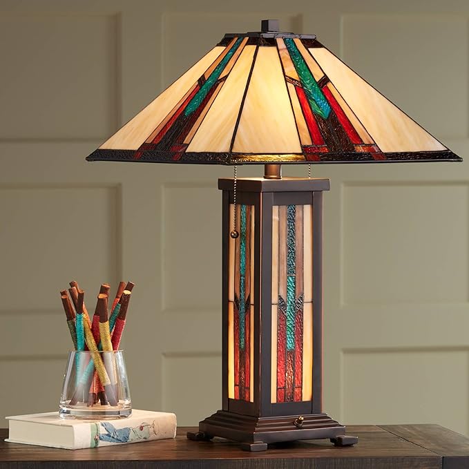 Robert Louis Tiffany Ranier Mission Tiffany Style Table Lamp with Nightlight 25" High Bronze Brown Antique Stained Art Glass for Living Room Bedroom House Bedside Nightstand Home Office Family