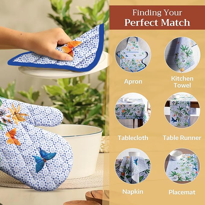 Maison d' Hermine 100% Cotton Oven Mitt & Pot Holder Set (7.5"x13" & 8"x8") Heat Resistant BBQ Cooking Gloves with Loop, Baking, Grilling, Kitchen, Handling Hot Pans Spring/Summer (Passiflora)