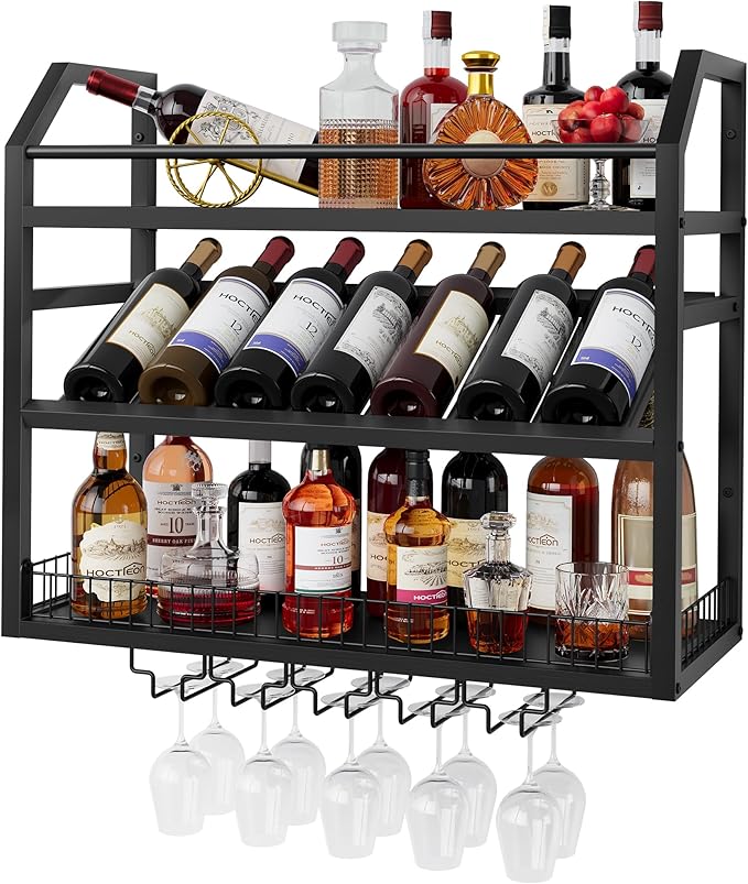 Hoctieon Wall Mount Wine Rack, Wall Mounted Wine Bottle Rack for Display and Storage, Hanging Bottle Holder, for Living Room, Dining Room, Bar, Wine Cellar, Black