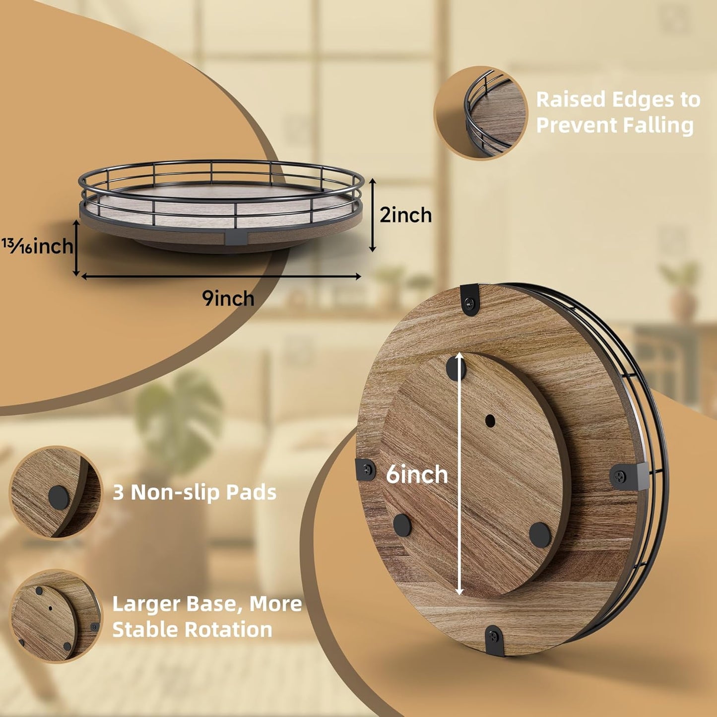 Acacia Wood 9" Bathroom Vanity Tray Turntable, Farmhouse Round Bathroom Countertop Organizer for Soap Perfume, Rotating Organizer for Kitchen Table Centerpieces, Decorative Trays for Coffee Table