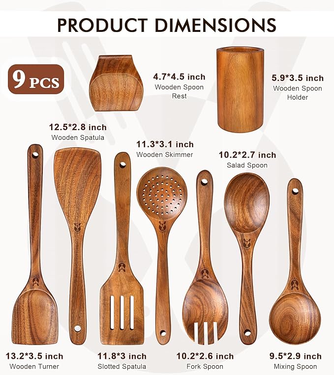 Wooden Spoons for Cooking, 9 Pcs Natural Teak Wooden Utensil Set with Spoon Rest, Comfortable Grip Wooden Cooking Utensils Set with Holder for Nonstick Cookware, Sturdy, Lightweight & Heat Resistant