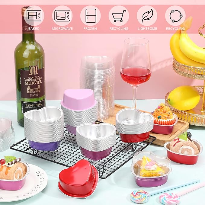 Honeydak Heart Shaped Mini Cake Pan Valentine's Day Aluminum Foil Small Cake Cup with Lids 100 Ml/ 3.4 Ounces Disposable Desserts Baking Tins for Mother's Day Wedding Parties, 3 Colors(48 Sets)