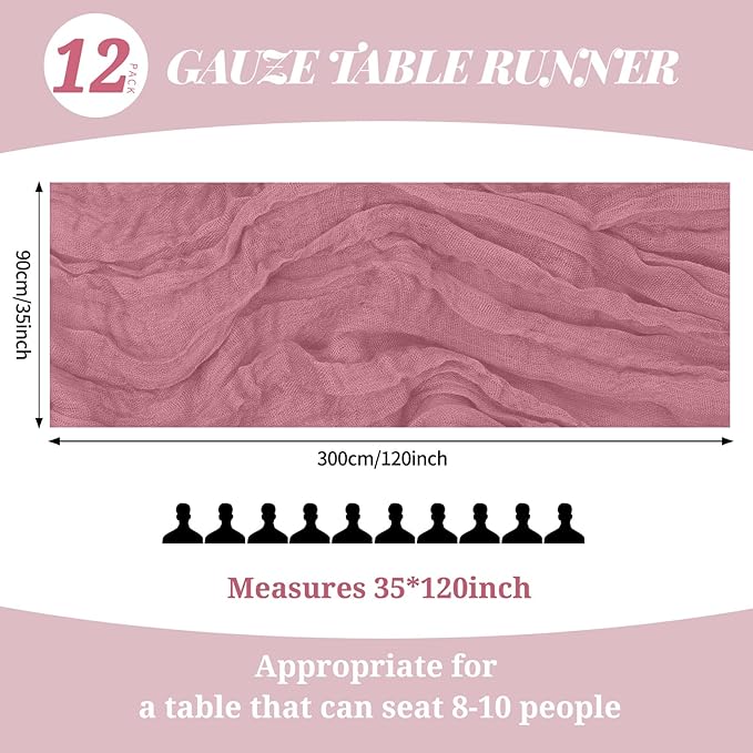 12 Pack 10Ft Dusty Rose Cheesecloth Table Runner 35 x 120 inch Boho Gauze Cheese Cloth Table Runner Vintage Rustic Sheer Runners for Wedding Bridal Shower Birthday Party Cake Table Decorations